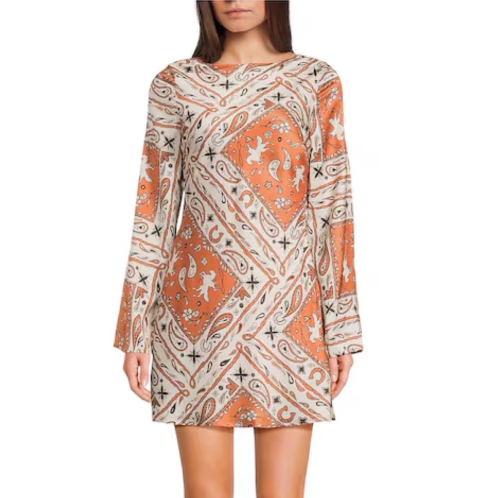 Bailey Rose Paisley Print Long Sleeve Mini Dress in Burnt Orange. Size XS